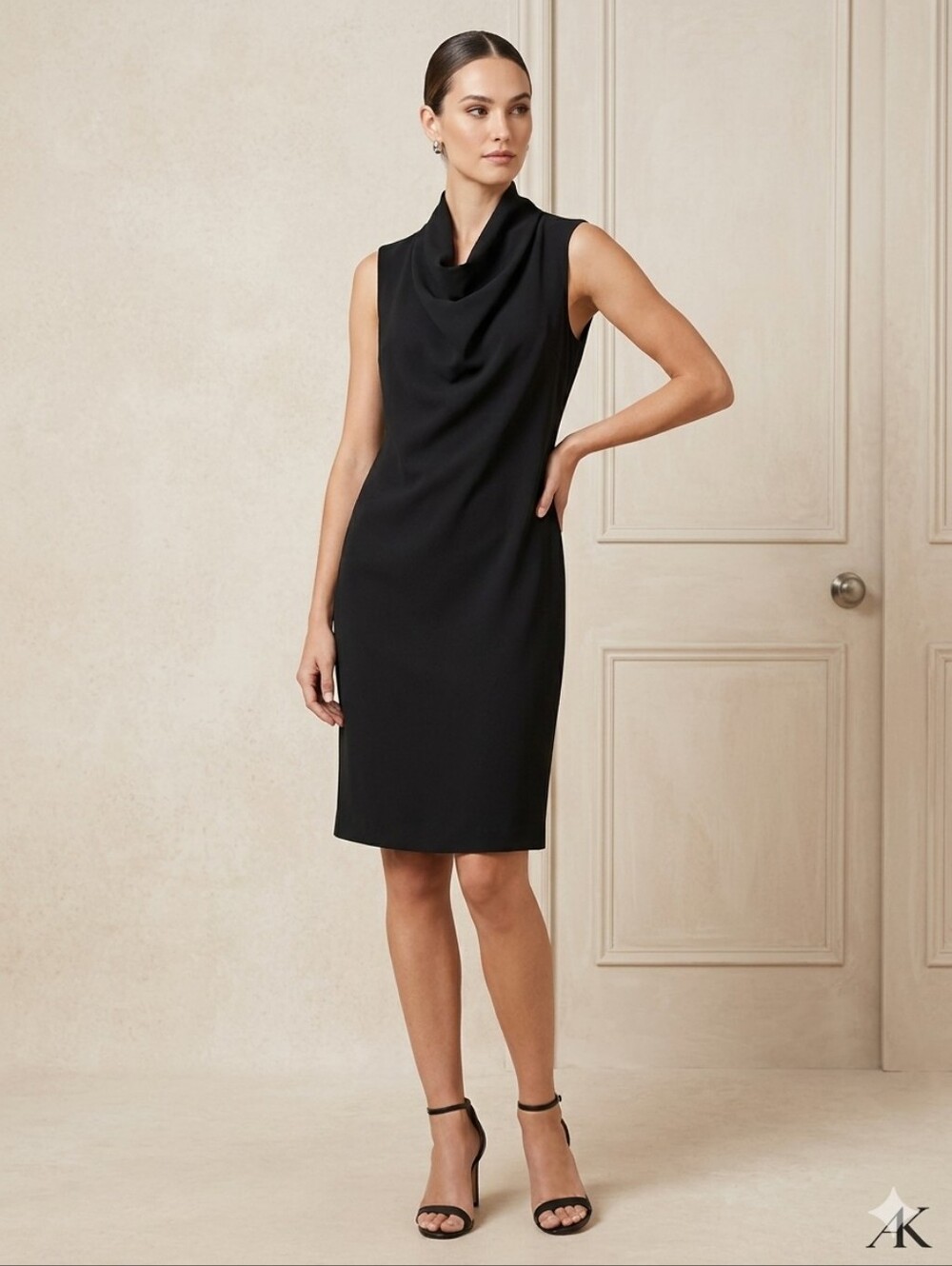 ANNE KLEIN Women's Black Crepe Sleeveless Cowl Neck Sheath Midi Dress Size M
